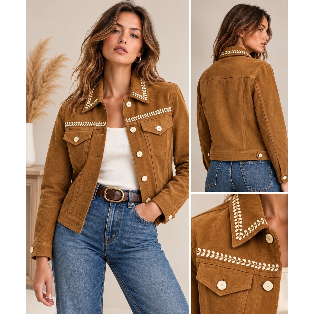 AllSaints Delvy Suede Trucker Jacket Womens 0 Tan Goat Leather NWT Western